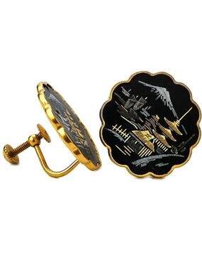 Amita Japan Damascene Screw Back Earrings Scenic Inlay Gold Tone 60s 70s